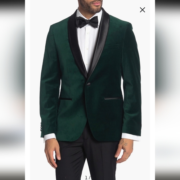 Savvile Row Emerald Shawl Collar One Button Velvet Suit Separate Sport Coat- 44L